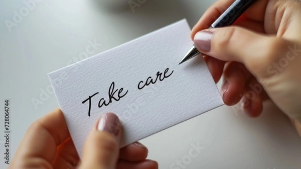Obraz Handwriting a 'Take care' note, a personal gesture of concern and well-being for someone special.