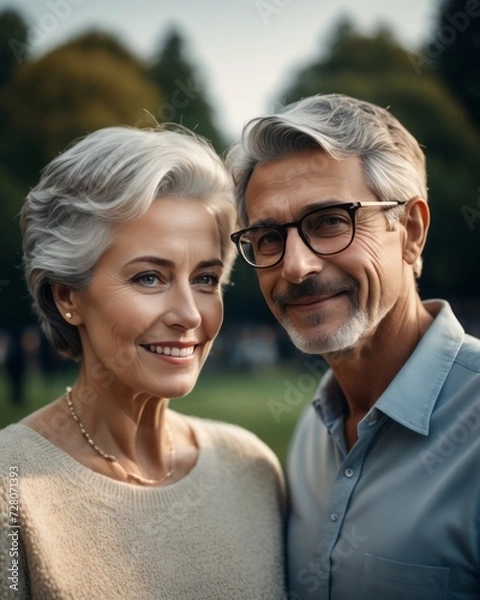 Fototapeta Elderly Couple Enjoying a Tender Moment Together in a Park at Sunset