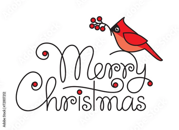 Fototapeta Merry christmas hand lettering with red robin bird and branch