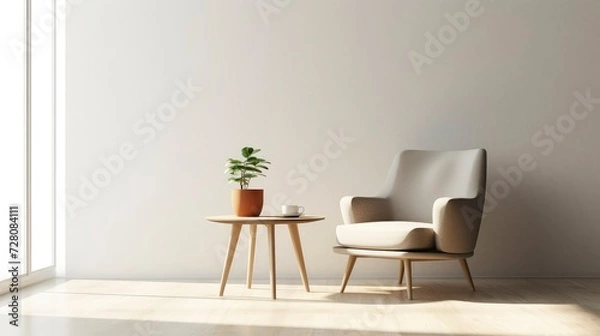Fototapeta Minimalist living room interior with chair and table. Copy space. Space for text