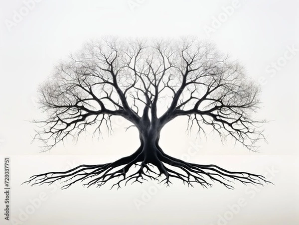Fototapeta Tree Silhouette with Deep Roots Stability and Growth Isolated on White Background AI Generated