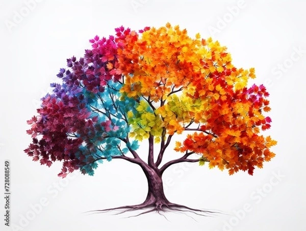 Obraz Tree with Multicolored Leaves Diversity and Change Isolated on White Background AI Generated