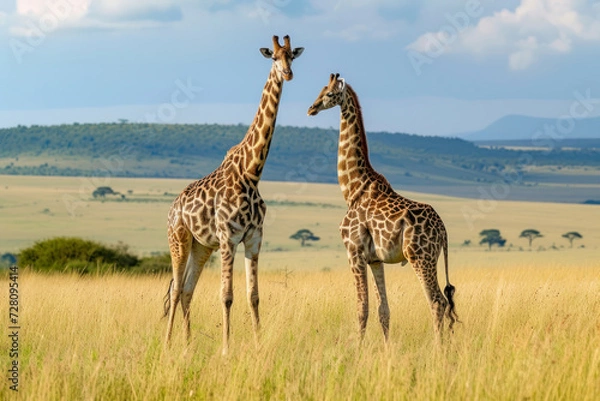 Fototapeta Elegant giraffes on the savannah, a serene and picturesque scene featuring a pair of giraffes grazing against the backdrop of the African savannah.