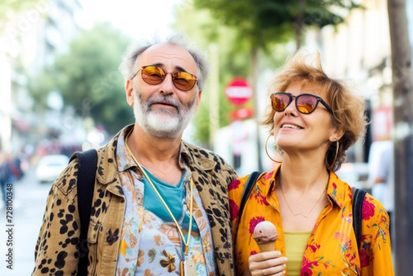 Fototapeta beautiful middle-aged couple, listening to music while strolling through the city with a ice cream to go on summer holidays