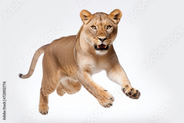Fototapeta Lioness leaping toward the camera on a white background, feline front portrait.