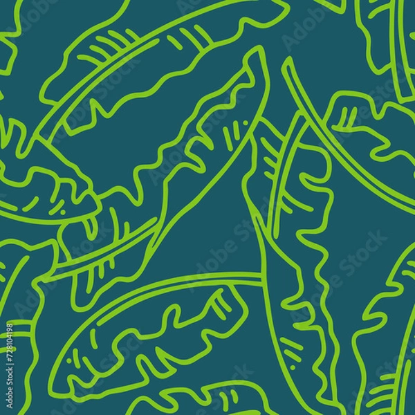 Fototapeta Banana plant leaves pattern for textile design, fabric print, wallpaper, digital paper. Palm tree leaf background, jungle vintage style, hand drawn illustration for spa salon, cafe, hotel decoration.