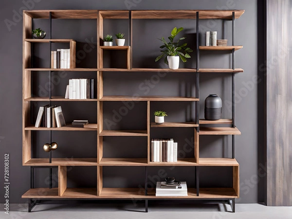 Obraz Industrial Chic Organization: Bench and Adjacent Bookshelf with Design Elements
