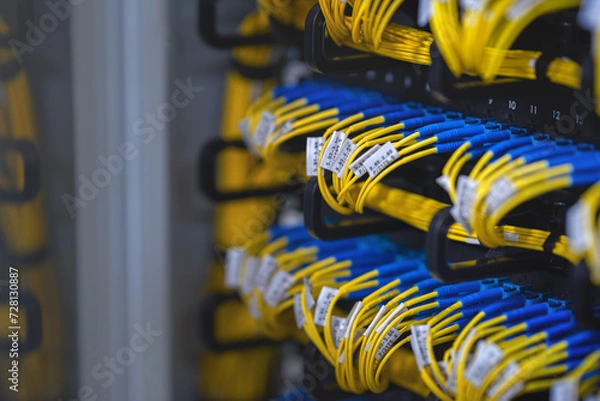 Fototapeta Network server devices with fiber optic cables (GPON).