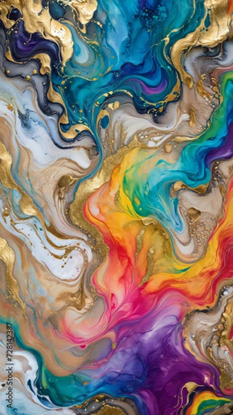 Obraz Pride colours Abstract: Rainbow-Colored Paint Background with Watercolour Stone Marble Texture - Modern Ink Pattern, Gold, Glitter, LGBT+ Design, Background, Wallpaper