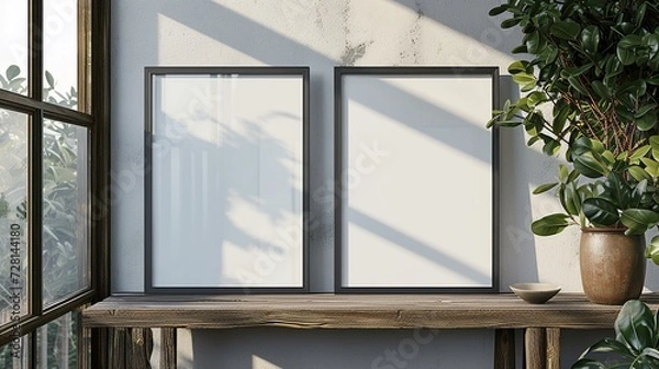 Fototapeta Two vertical wooden frame mockup. Two mock up poster on wooden floor. 2 frames at home with shadows.