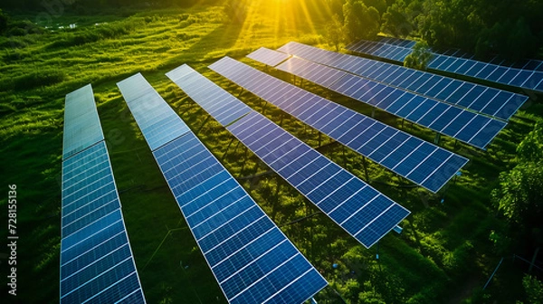 Fototapeta Ariel view of solar panels in sunny fields with sunlight background.sustainable energy concept.
