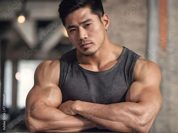 Obraz Muscular Big Asian Bodybuilder Portrait Crossing Arms Looking at Camera Wearing Black Tank Top