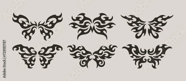 Fototapeta Neo Tribal Tattoo Wings Set. Y2K Tattoo Butterflys. Vector Black Emo Gothic Illustrations in Cyber Sigil 2000s Style