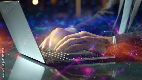 Fototapeta digital business management concept, digital business, technology use in business, business analysis, tech innovation, internet connectivity, business backdrop, close up of businessman's hand typing