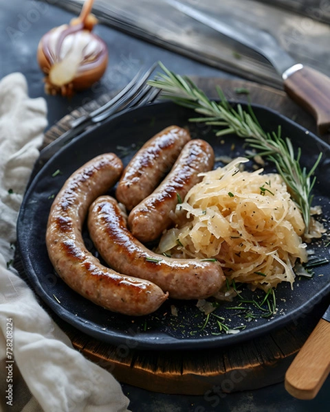 Fototapeta Grilled sausages or bratwurst served with sour cabbage or sauerkraut. Traditional German winter dish.