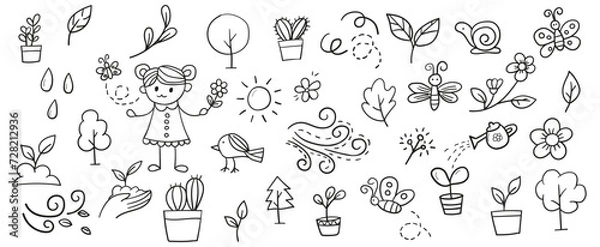 Fototapeta Hand drawn line doodles vector design elements set of leaf, tree, bird, blossoms, butterfly, cactus, flower, snail. Nature elements concept illustration.
