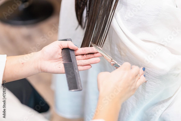 Fototapeta 女性のヘアカットをする美容師