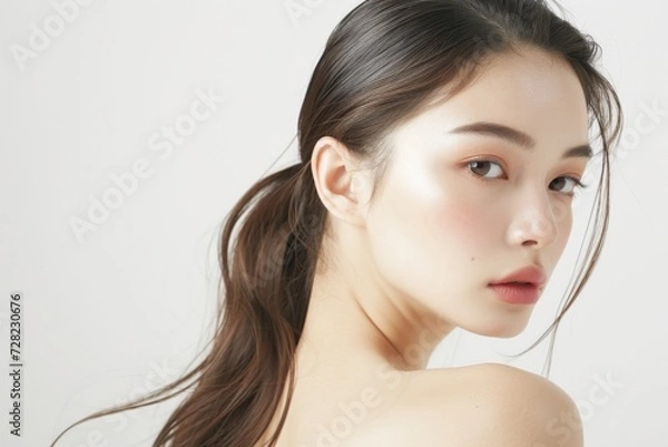 Obraz 肩越しに振り返る肌の綺麗な日本人女性（白背景・背景なし・肩こり・スマホ首）	