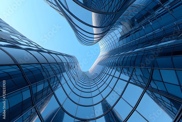 Fototapeta Business office towers rise against a bright blue sky, creating dynamic landscapes with detailed architecture. The skyscrapers reflect the sky, adding depth to the scene when viewed from a low angle.