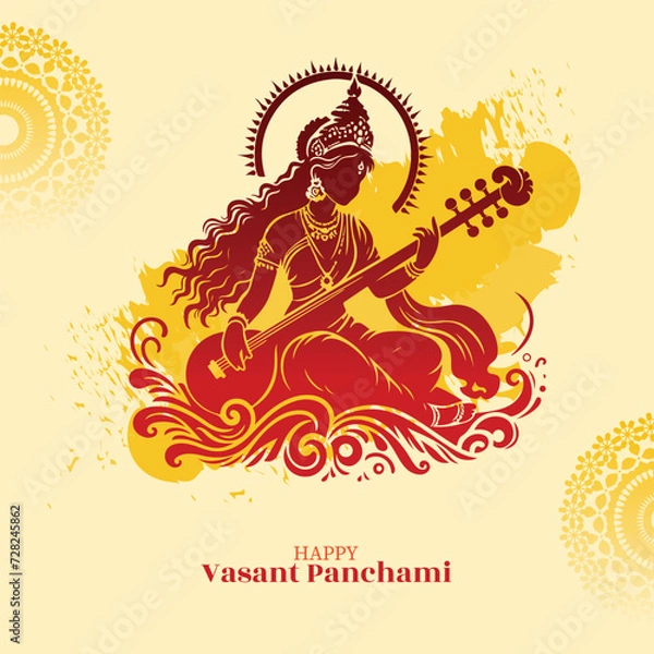 Fototapeta Happy Vasant Panchami Goddess Saraswati with Religious Festival Background. poster, banner, flyer vector illustration design using Saraswati silhouette
