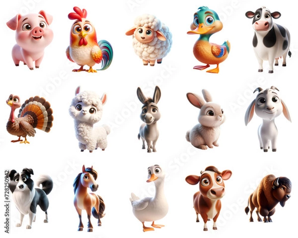 Fototapeta Cute and cheerful farm animal illustrations, transparent for versatile use in storybooks, farm-themed content, and kid-friendly applications.
Generative AI.