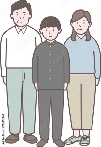 Fototapeta 中学生の男の子の家族の全身イラスト
