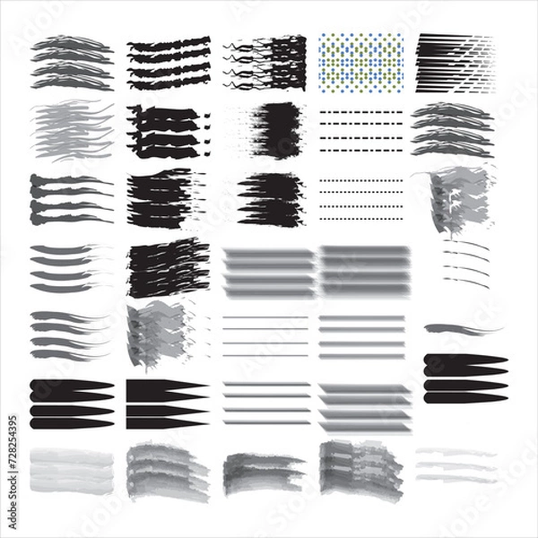 Fototapeta Ink textured brush. Grunge scratches and dirty texture paint splatters. Artistic brush strokes, frames and boxes vector collection. Black swatches, spots and blemishes. Brushes, abstract traces,