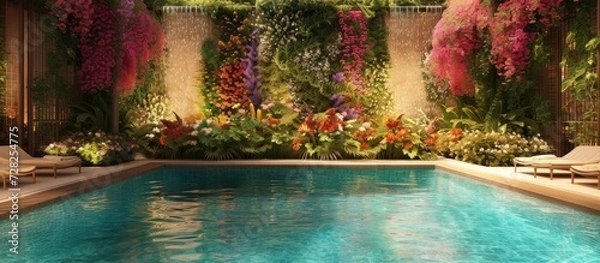 Fototapeta Floral Oasis: A Mesmerizing Pool Surrounded by a Sea of Exquisite Flowers and a Poolside Bursting with Vibrant Blooms.