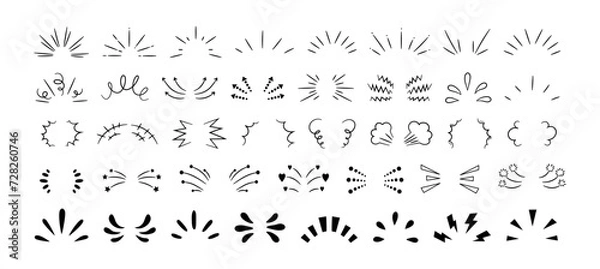 Fototapeta Ręcznie rysowane promienie i eksplozja. Linie ornamentów szczotki doodle i symbol zaskoczenia. Słońce wybuchnie, zszokowana rama, połysku elementów Starburst na białym tle. Zestaw wektorowy