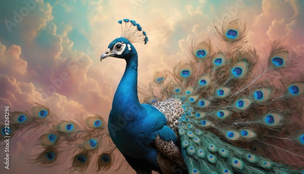 Fototapeta Fantasy Illustration of a wild Peafowl. Digital art style wallpaper background with peacock in pastel colors.