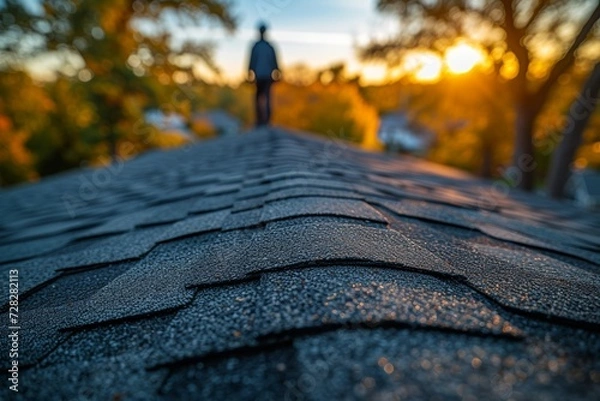 Obraz Plumber inspecting asphalt shingles pipe roofer checking roof for maintenance, roof inspection image