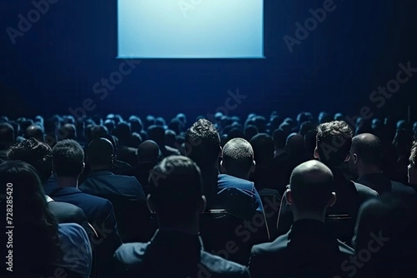 Fototapeta Engaged audience sitting in large auditorium attentively listening to speaker at business seminar or educational lecture scene captures professional conference workshop or university symposium