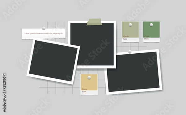 Fototapeta Polaroid Blank photo frames, samples  glued on gray wall. Mood board template collage 