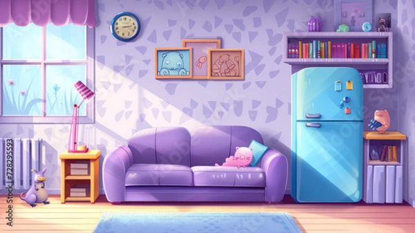 Obraz Interior of living room with purple sofa, fridge and bookshelf