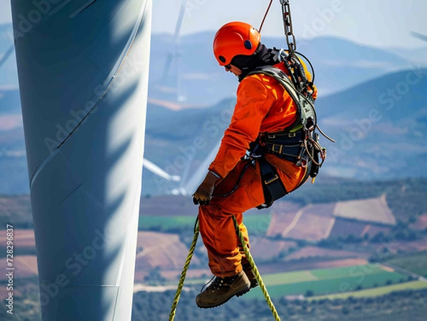 Fototapeta Inspection engineer preparing to rappel down a rotor blade of a wind turbine on a clear day. Workers on a hanging platform repair damaged rotor blades of a wind turbine.