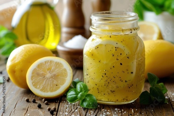 Fototapeta Front view of a jar filled with lemon vinaigrette dressing on rustic wooden table. 