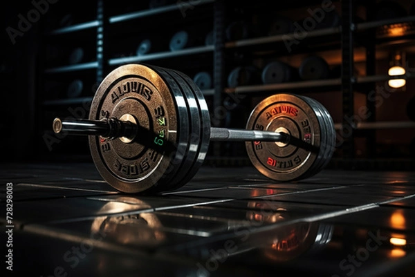 Fototapeta Heavy barbell for training in the gym. Strength exercise concept. Generated by artificial intelligence