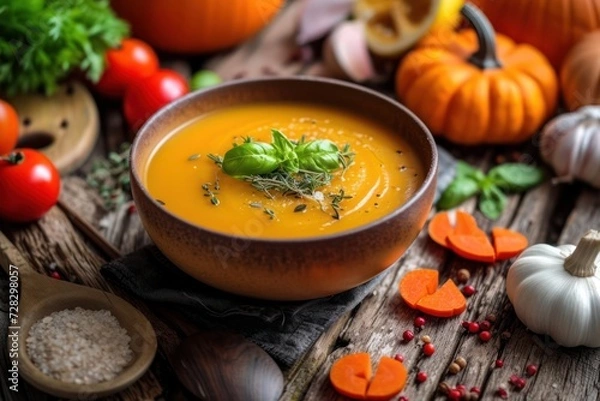 Fototapeta Front view of a pumpkin soup surrounded by ingredients on a rustic wooden table 