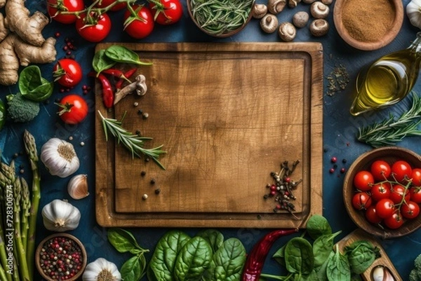 Fototapeta Top view of a wooden cutting board surrounded by various raw fresh and healthy vegetables, spices and aromatic herbs 