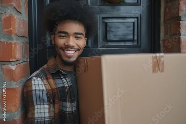 Fototapeta Front view of a cheerful multiracial young man at the doorway picking up a home delivered cardboard box. 