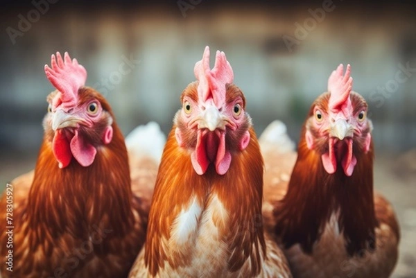 Fototapeta Intense Gaze of Redheaded Chickens in a Row on the Farm - Generative AI