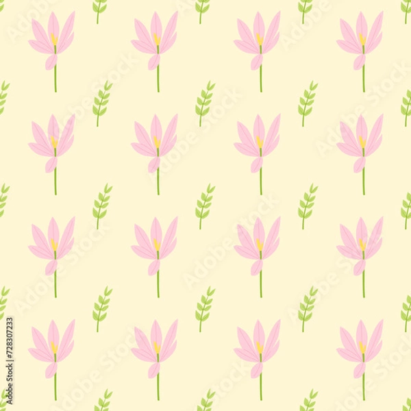 Fototapeta A seamless pattern of crocus and tree branches and leaves in a spring minimal shape floral concept, Vector