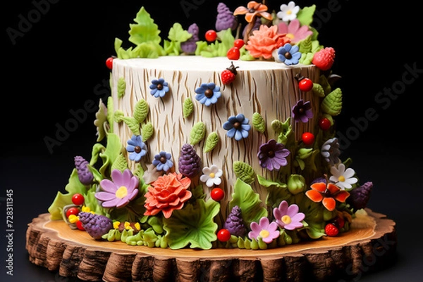 Obraz Cake in the shape of a tree stump on a wooden tray. 