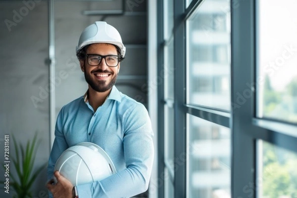 Fototapeta Smiling engineer holding hardhat and standing near window in office 