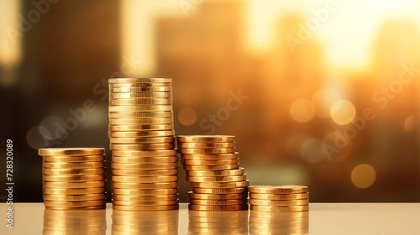 Fototapeta stack of coins with warm light and modern building background business and financial concept with copy space