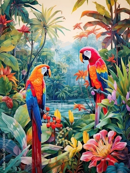 Obraz Vibrant Tropical Birds Island Artwork: A Kaleidoscope of Isolated Avian Species.