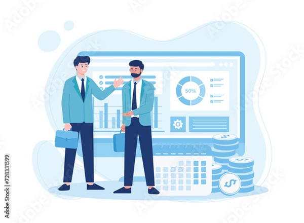 Fototapeta two business people communicating discussing business growth concept flat illustration