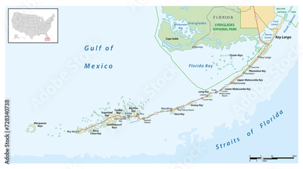 Fototapeta detaild florida keys road and travel vector map