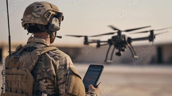Obraz Modern warfare, soldiers using drones for strike and reconnaissance