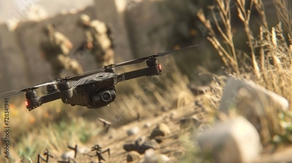 Fototapeta Modern warfare, soldiers using drones for strike and reconnaissance